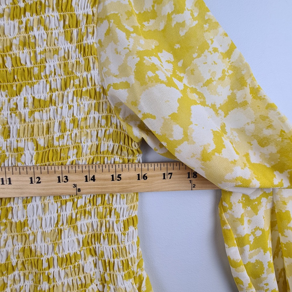 Rose + Olive Yellow White Abstract Smocked Peplum Blouse Long Sleeve Medium - Picture 7 of 8